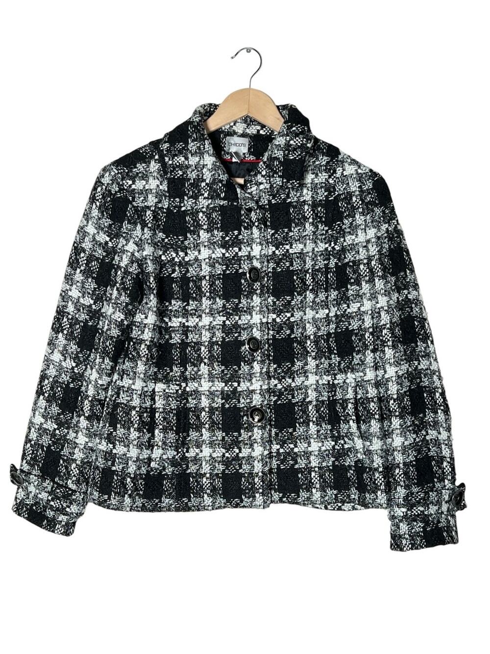Chico's 1 Black and White Plaid Button-Up Jacket size 8 B124